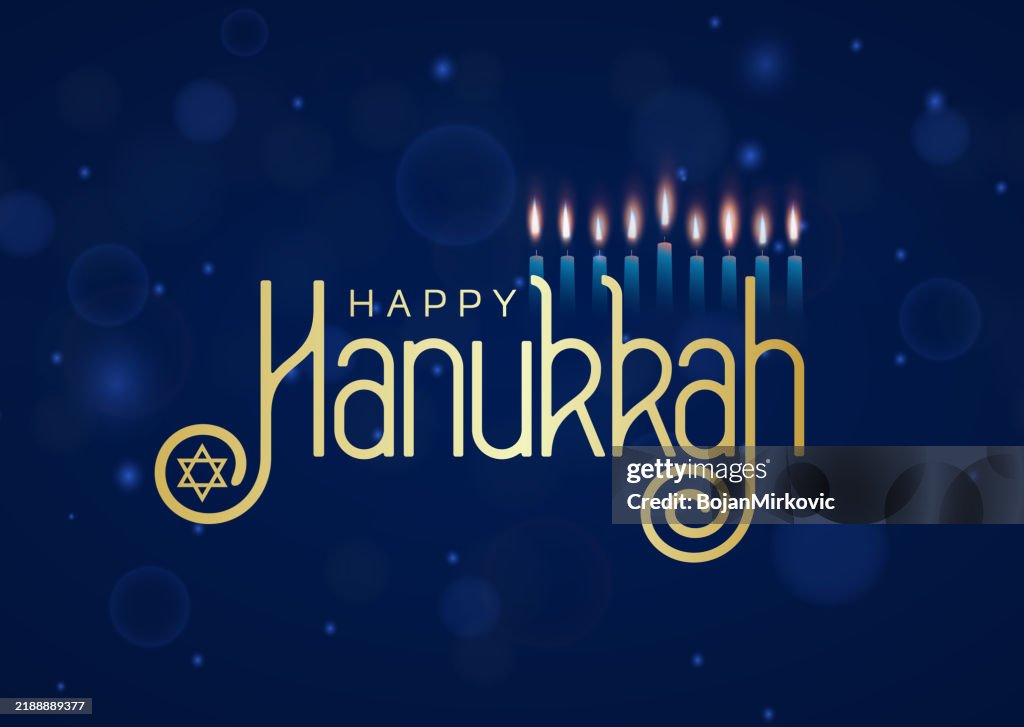 Happy Hanukkah card with burning candles on blue bokeh background. Vector