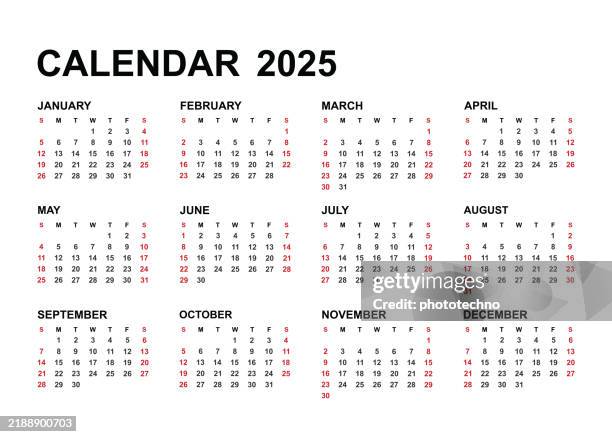 ilustraciones, imágenes clip art, dibujos animados e iconos de stock de 12 month calendar for 2025 annual calendar template. week starts on sunday. - febrero