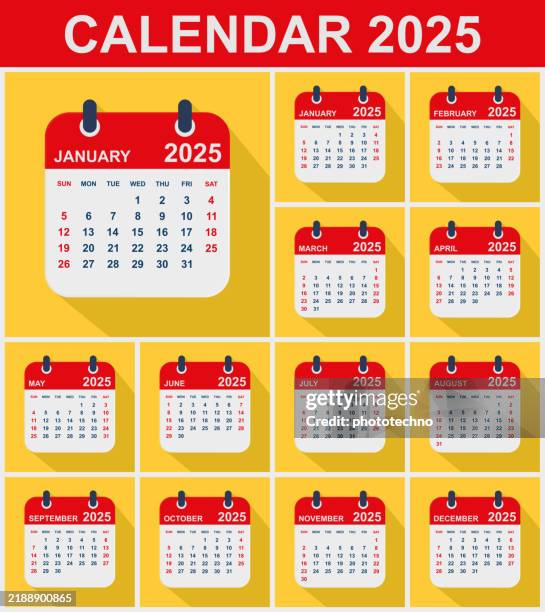 2025 kalender blätter flach eingestellt. die woche beginnt am sonntag. - tischkalender stock-grafiken, -clipart, -cartoons und -symbole