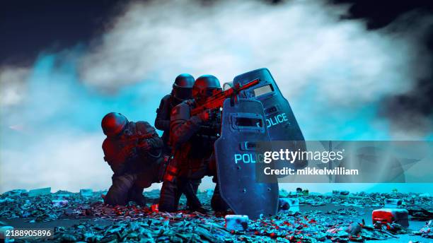 shielded and ready: riot control operatives amidst chaos - terrorisme stockfoto's en -beelden