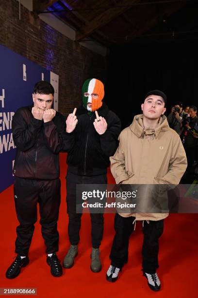 Naoise ó Cairealláin, DJ Provaí and Mo Chara of Kneecap attend the 27th British Independent Film Awards at The Roundhouse on December 08, 2024 in...