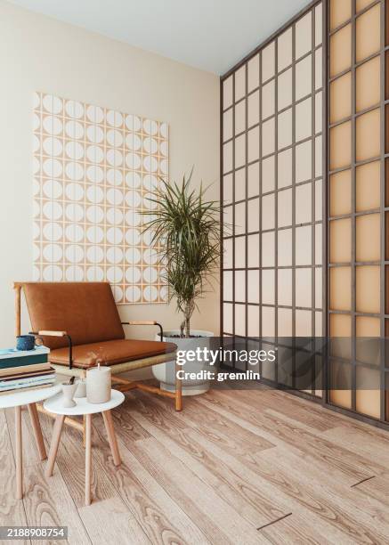 apartment in japandi style design - kamerscherm meubels stockfoto's en -beelden