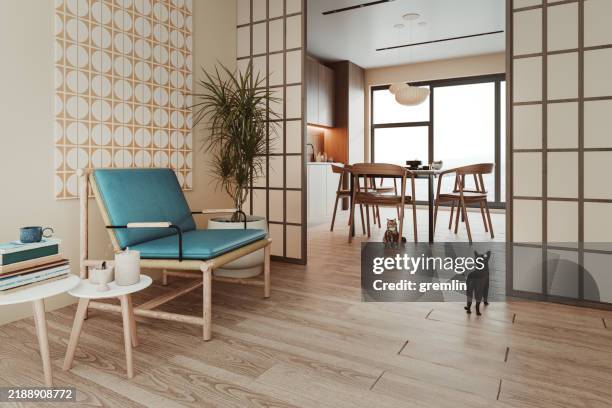 apartment in japandi style design - kamerscherm meubels stockfoto's en -beelden