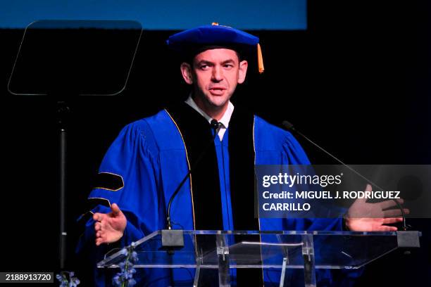 Inspiration4 mission commander Jared Isaacman speaks to graduating students during his commencement speech at his alma mater, Embry-Riddle...