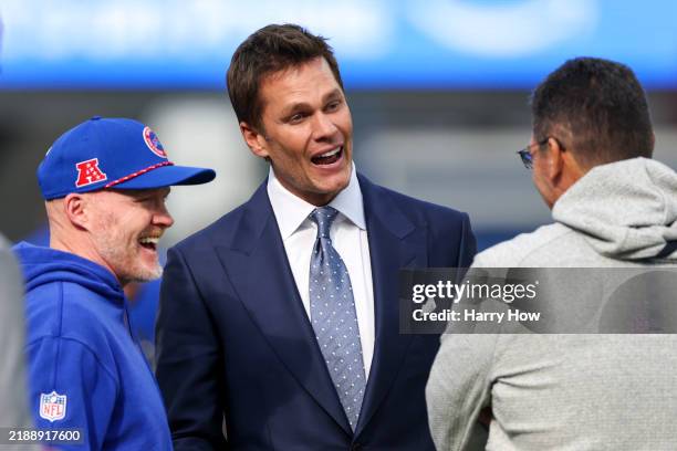 Tom Brady talks with Head coach Sean McDermott of the Buffalo Bills before a game between the Bills and the Los Angeles Rams at SoFi Stadium on...