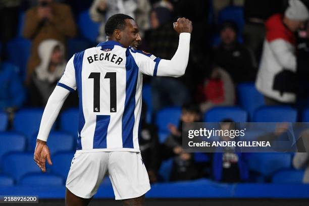 Real Sociedad's Surinam forward Sheraldo Becker celebrates scoring his team's second goal during the UEFA Europa League 1st round day 6 football...