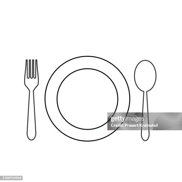 fork, spoon and plate icon vector - cuchara fotografías e imágenes de stock