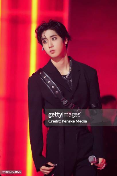 In this image released on December 12 Han of Stray Kids performs at the 2024 Billboard Music Awards.