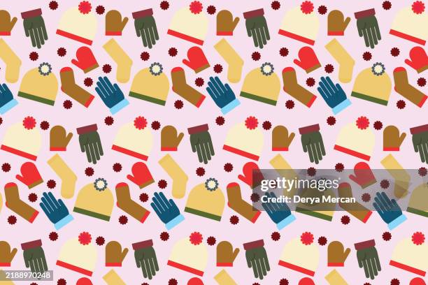 cute vector seamless pattern with lots of winter warm clothes icons. hat with pompom, mittens, socks.doodle. drawn naive style. stock illustration - matching socks stock illustrations
