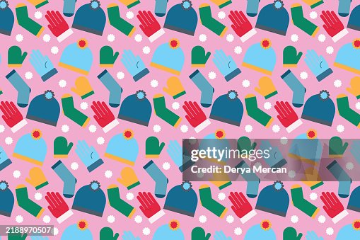 Cute vector seamless pattern with lots of winter warm clothes icons. Hat with pompom, mittens, socks.Doodle. Drawn naive style. stock illustration Cute vector seamless pattern with lots of winter warm clothes icons. Hat with pompom, mittens, socks.Doodle. Drawn naive style. stock illustration