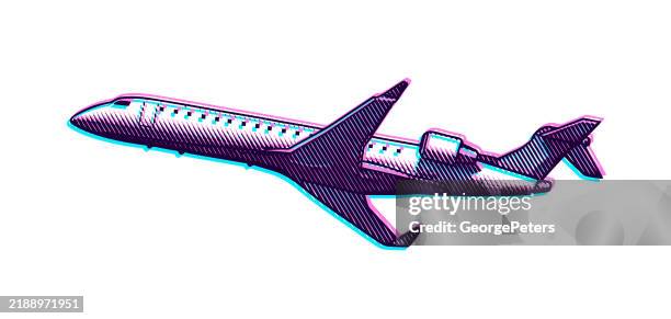 airliner flying, cut out on white background with glitch technique - plane white background stock illustrations