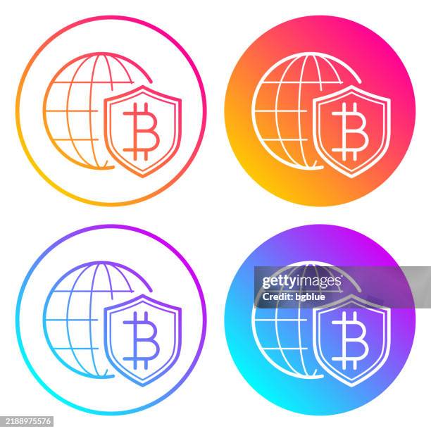 bitcoin shield with globe. round icons with color gradients - worldwide coverage stock illustrations