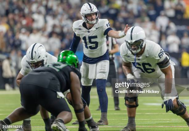 Drew Allar of the Penn State Nittany Lions is seen against the Oregon Ducks during the Big Ten Championship at Lucas Oil Stadium on December 7, 2024...