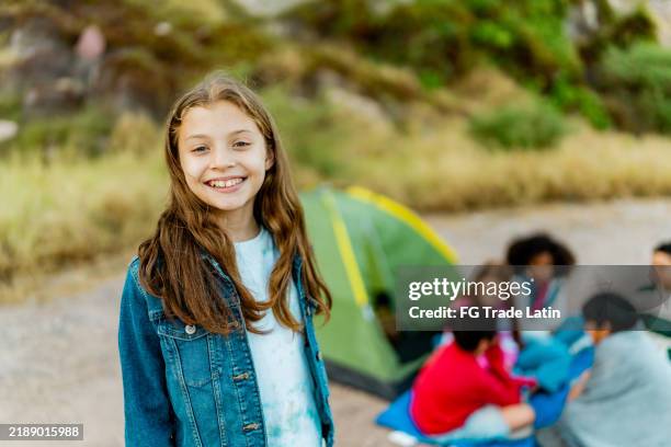 portrait of child girl during summer camp outdoors - endast flickor bildbanksfoton och bilder