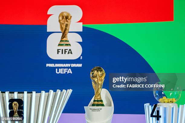 The Fifa World Cup trophy is displayed ahead of the draw for the 2026 Fifa World Cup European qualifiers at the FIFA headquarters in Zurich, on...