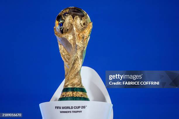 The Fifa World Cup trophy is displayed ahead of the draw for the 2026 Fifa World Cup European qualifiers at the FIFA headquarters in Zurich, on...