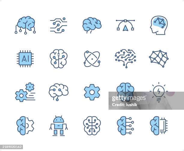 stockillustraties, clipart, cartoons en iconen met brain and artificial intelligence icon set. editable stroke weight. pixel perfect dichromatic icons. - artificieel neuraal netwerk