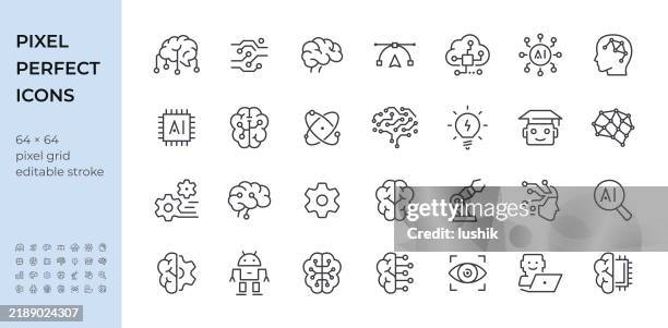 ilustraciones, imágenes clip art, dibujos animados e iconos de stock de conjunto de iconos de cerebro e inteligencia artificial. grosor de trazo editable. iconos de píxeles perfectos. - sistema nervioso humano