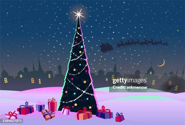 christmas tree with santa claus sleigh on the background - working in cold weather stock illustrations
