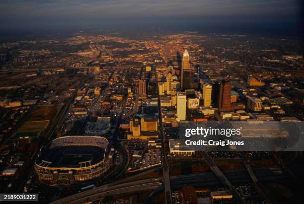 An aerial view of the Ericsson Stadium and the city of Charlotte before the National Football Conference West Division game between the St Louis Rams...
