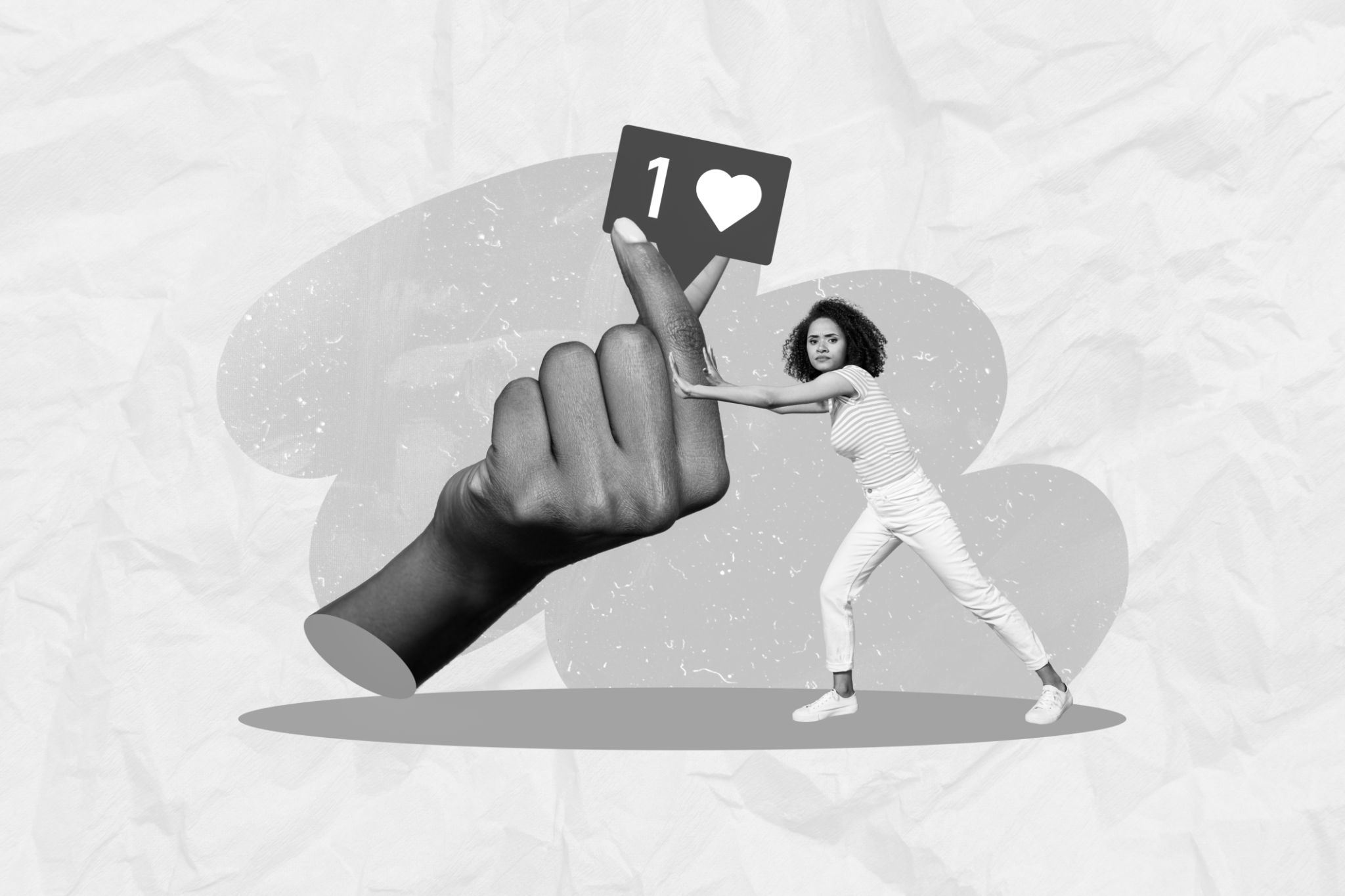 Creative collage picture of unsatisfied girl push big black white gamma arm fingers show korean love gesture like notification Creative collage picture of unsatisfied girl push big black white gamma arm fingers show korean love gesture like notification
