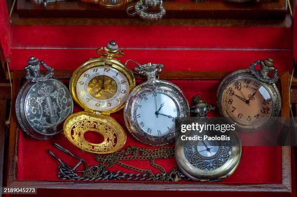 collection of pocket watches in a jewelry box - antique jewelry box stock pictures, royalty-free photos & images