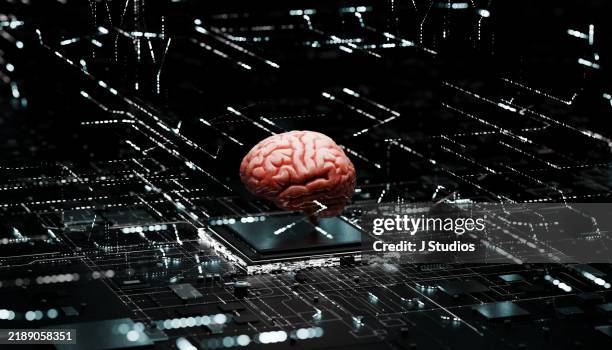 futuristic brain symbol above high-tech circuitry - artificiell generell intelligens bildbanksfoton och bilder