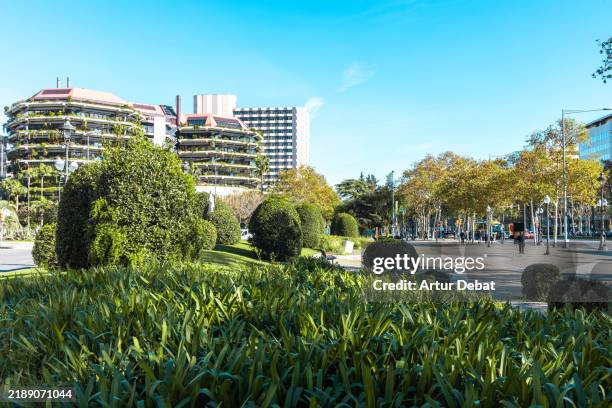 green building in the diagonal street with green area in the barcelona city - biodiversidad fotografías e imágenes de stock