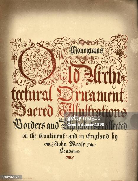 page of old ornate writing, calligraphy, vintage illustration 1840s - medieval illuminated letter stock illustrations