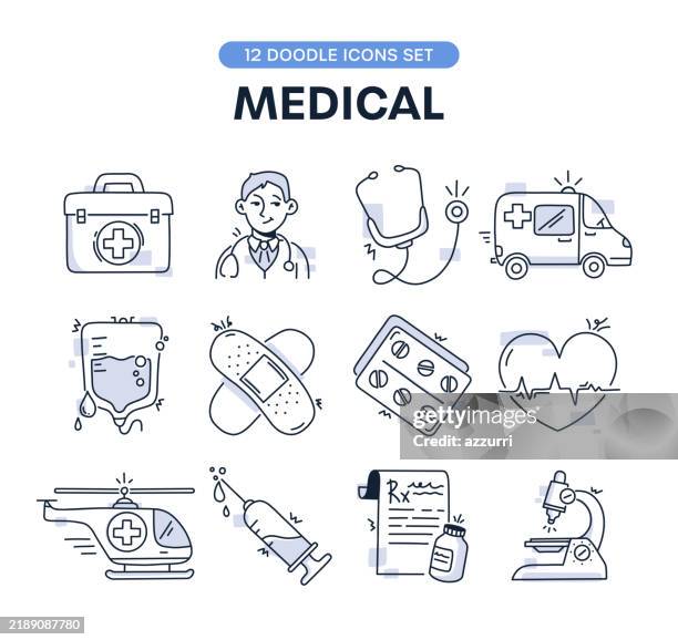 medical doodle icon set - doctor microscope stock illustrations