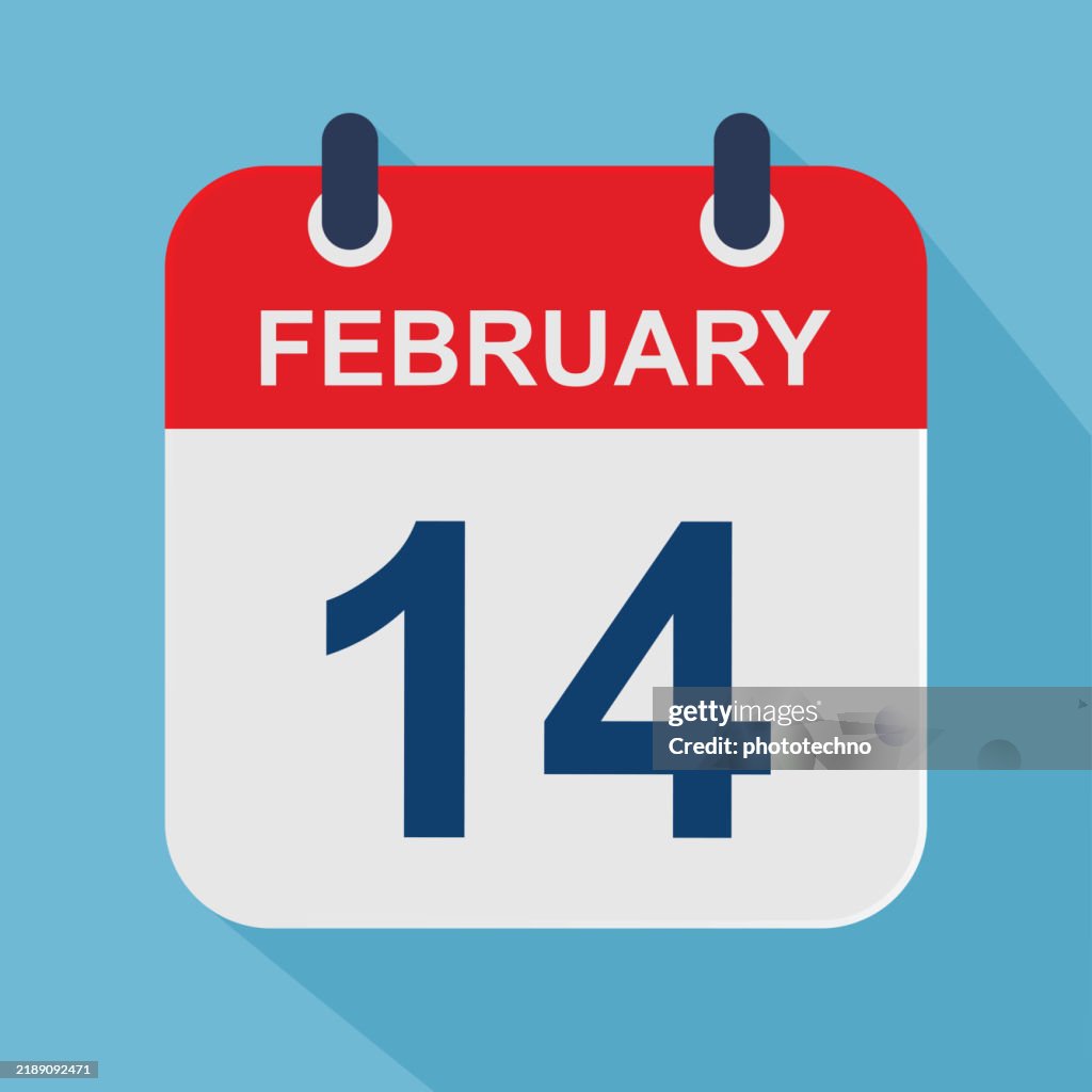 February 14 - Daily Calendar Icon on Blue background with shadow.