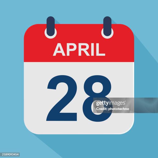 april 28 - daily calendar icon on blue background with shadow. - number 28 stock illustrations