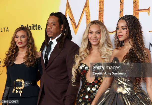 Tina Knowles, Jay-Z, Beyoncé and Blue Ivy Carter attend the Los Angeles premiere of Disney's "Mufasa: The Lion King" at Dolby Theatre on December 09,...