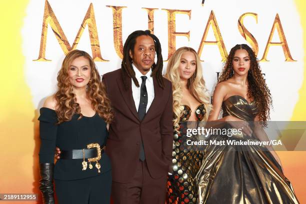 Tina Knowles, Jay-Z, Beyoncé and Blue Ivy Carter attend the Los Angeles premiere of Disney's "Mufasa: The Lion King" at Dolby Theatre on December 09,...