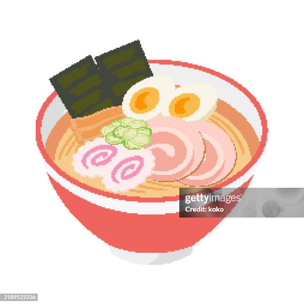 pixel art. japanese food, ramen. noodle, nori, boiled egg, leeks, menma, naruto, char-siu pork. - ramen noodles stock illustrations