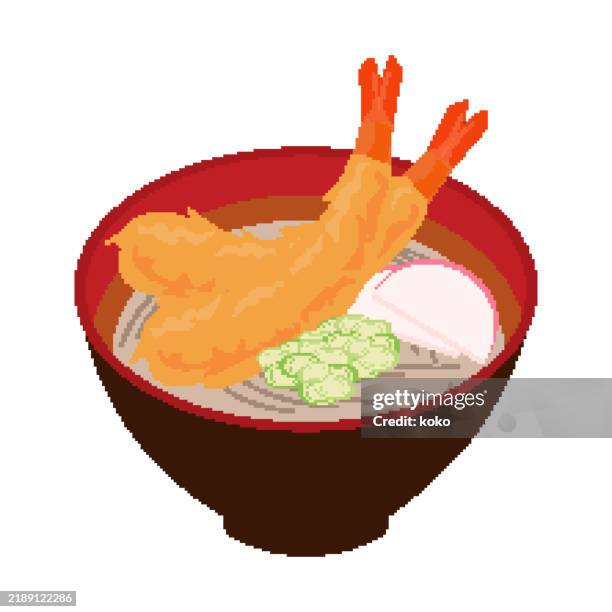 pixel art. japanese food, tempura soba, toshikoshi soba. shrimp, kamaboko, leeks. - toshikoshi soba stock illustrations
