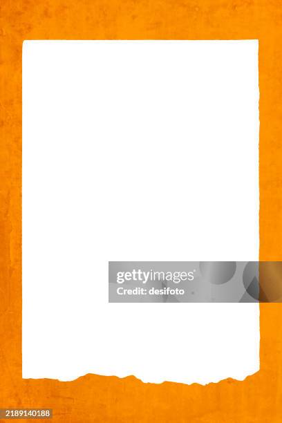 stockillustraties, clipart, cartoons en iconen met empty blank plain bordered vertical vector white background with smudged rough textured orange peach or rust colored border or frame made of uneven cut torn paper with copy space - papierknipsel