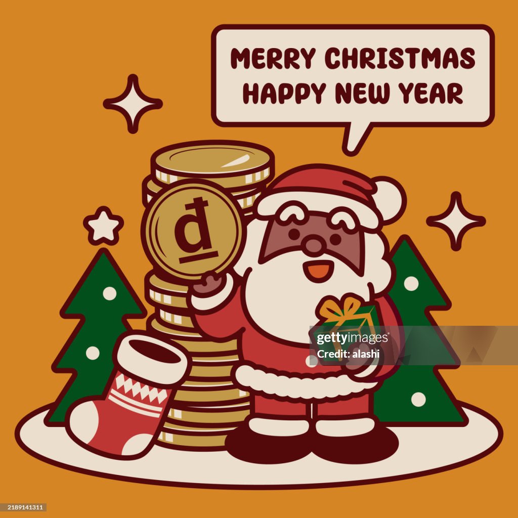 Adorable black Santa Claus with Christmas presents gives money and wishes you a Merry Christmas and a Happy New Year