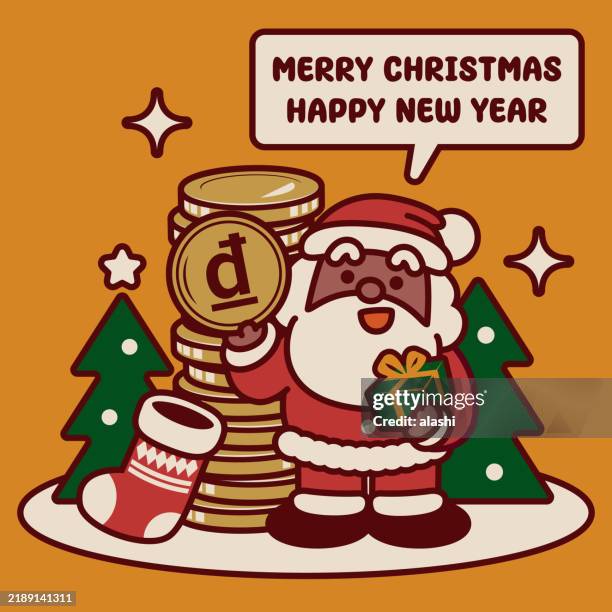 adorable black santa claus with christmas presents gives money and wishes you a merry christmas and a happy new year - vietnam market stock illustrations