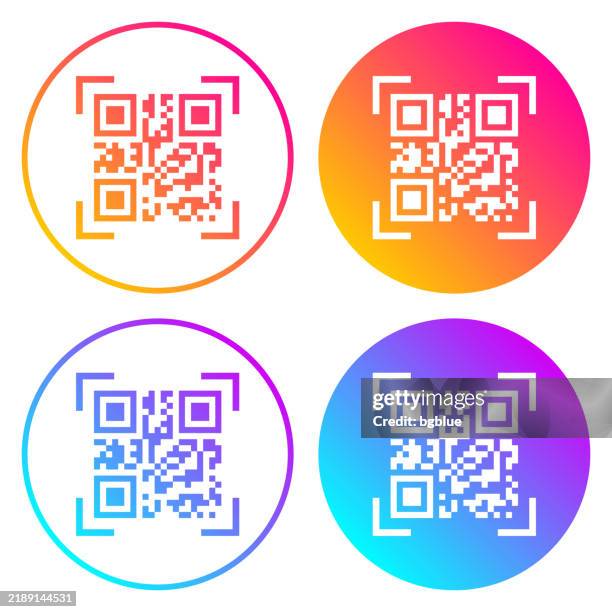 ilustraciones, imágenes clip art, dibujos animados e iconos de stock de escaneo de código qr. iconos redondos con degradados de color - qr-code-scan-icon