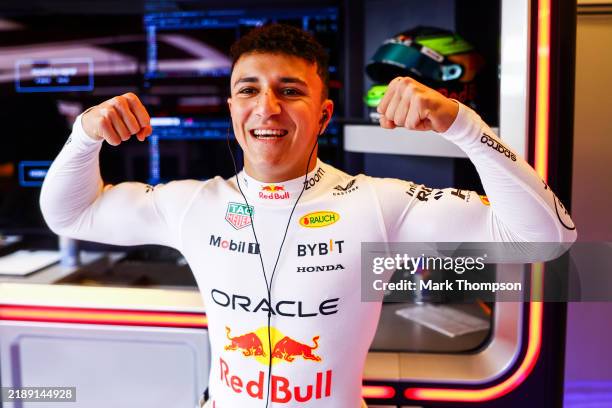 Isack Hadjar of France and Oracle Red Bull Racing prepares to drive in the garage during Formula 1 testing at Yas Marina Circuit on December 10, 2024...