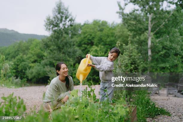 mother and daughter gardening together - watering can stock pictures, royalty-free photos & images