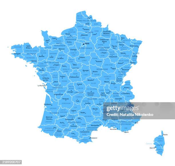 ilustraciones, imágenes clip art, dibujos animados e iconos de stock de francia: mapa detallado con regiones y ciudades del país. - francia