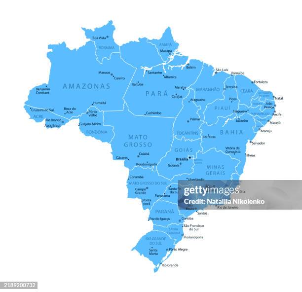 stockillustraties, clipart, cartoons en iconen met brazil - detailed map with regions and cities of the country. - noord zuid amerika