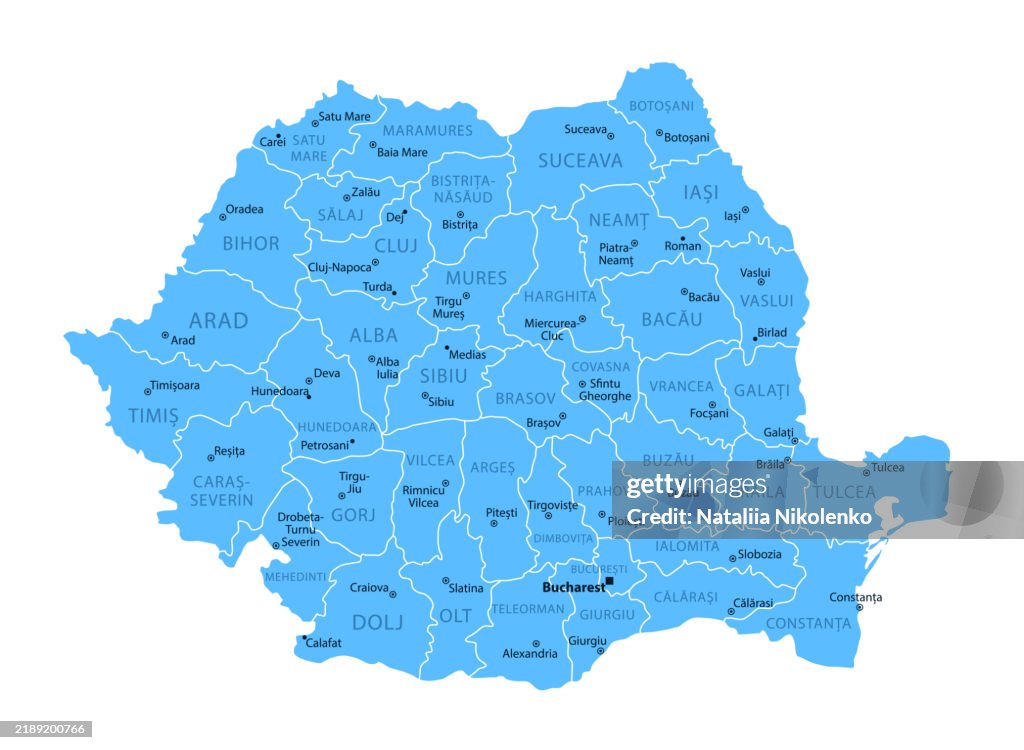Romania - detailed map with regions and cities of the country.
