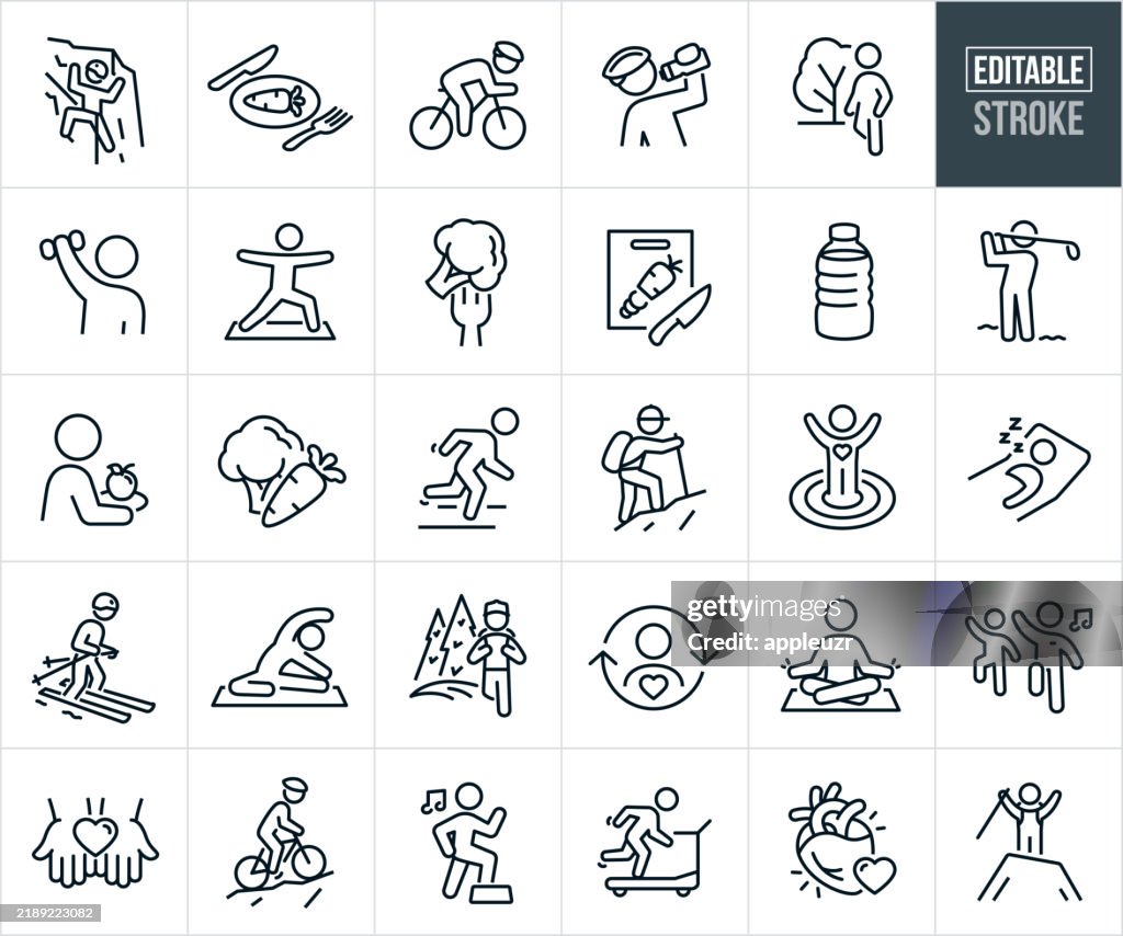 Healthy Lifestyle Thin Line Icons - Editable Stroke - Icons include People Living Active Lifestyles, Health Food, Healthy Eating Habits, People Engaging in Physical Activities and Recreation, People being Healthy by Doing Outdoor Recreational Activities A