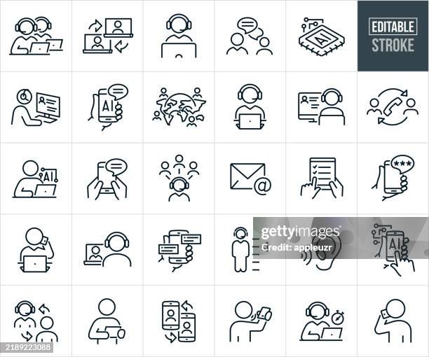 customer service thin line icons - editable stroke - icons include customer support representatives, csr, headsets, talking on phone, customer support, artificial intelligence, customer, client, survey, assistance, help desk - customer service color icons stock illustrations