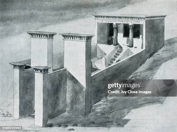 This illustration dating to the early 1900s reconstructs a free-standing mortuary temple at Amarna. Akhenaten was an 18th Dynasty Egyptian pharaoh,...