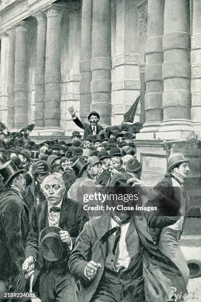 The painting by Howard Pyle shows the rush from the New York Stock Exchange on Thursday, September 18, 1873. The following day, the stock market...