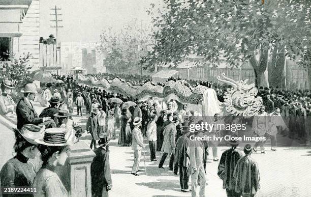 The 1896 caption reads: 'Procession Wong Fong— the most representative celebration customary among Chinese in San Francisco. Painted by Thulstrup...